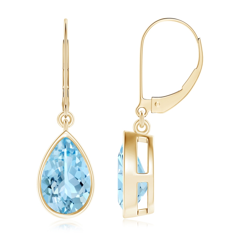 9x6mm AAAA Bezel-Set Pear Aquamarine Leverback Drop Earrings in Yellow Gold 