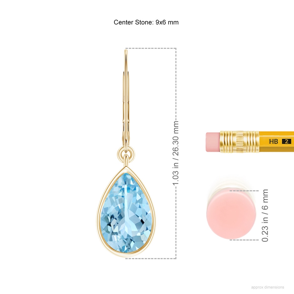 9x6mm AAAA Bezel-Set Pear Aquamarine Leverback Drop Earrings in Yellow Gold ruler