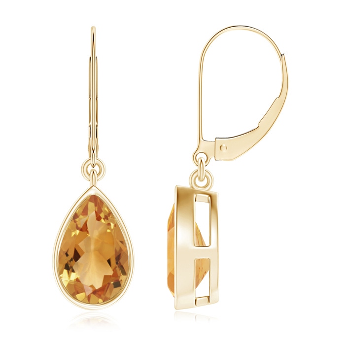 9x6mm A Bezel-Set Pear Citrine Leverback Drop Earrings in Yellow Gold 