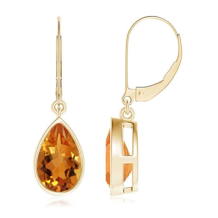9x6mm AAA Bezel-Set Pear Citrine Leverback Drop Earrings in Yellow Gold 
