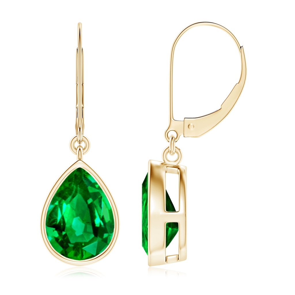 10x8mm AAAA Pear-Shaped Emerald Leverback Drop Earrings in Yellow Gold