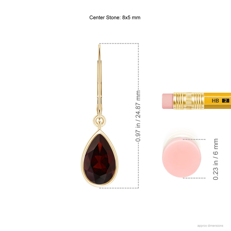 8x5mm A Bezel-Set Pear Garnet Leverback Drop Earrings in Yellow Gold ruler