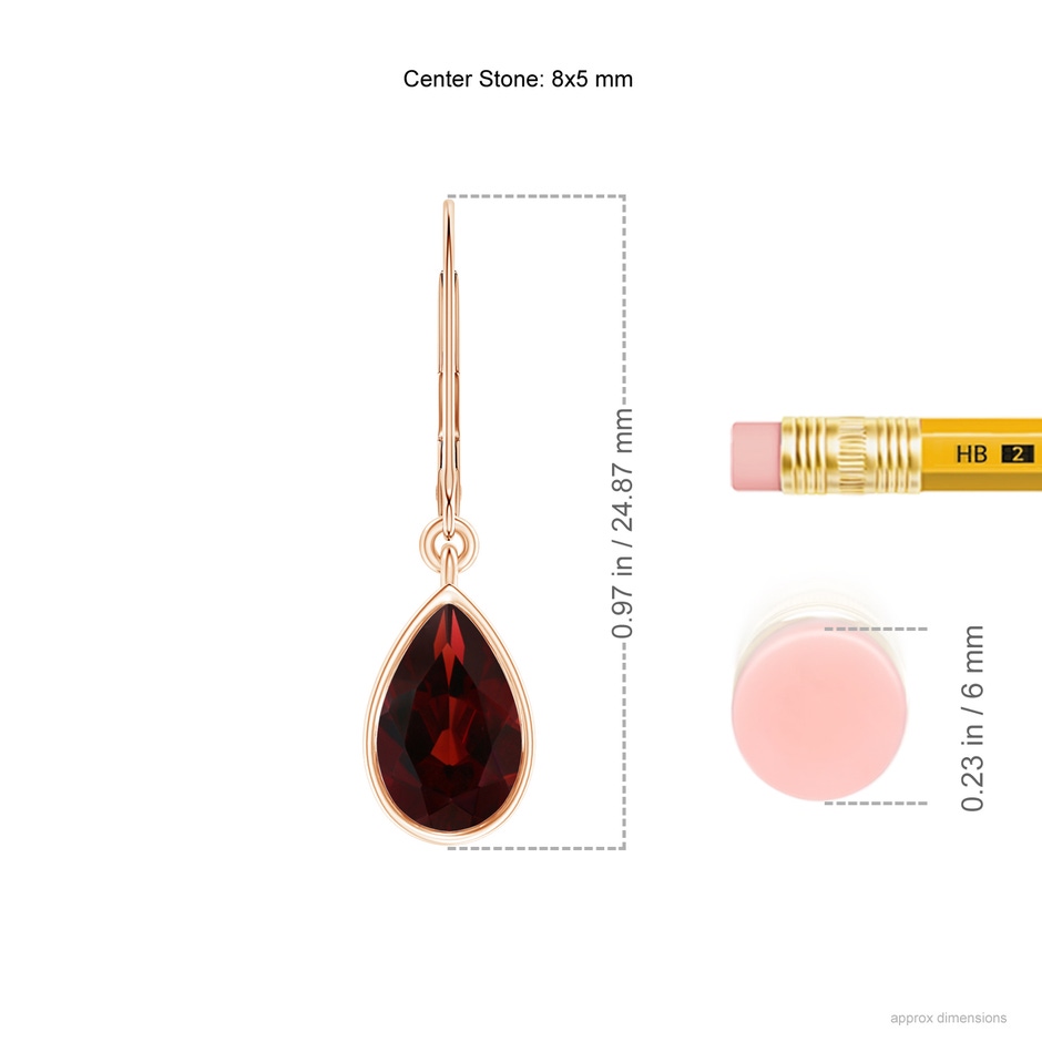 8x5mm AA Bezel-Set Pear Garnet Leverback Drop Earrings in 18K Rose Gold ruler