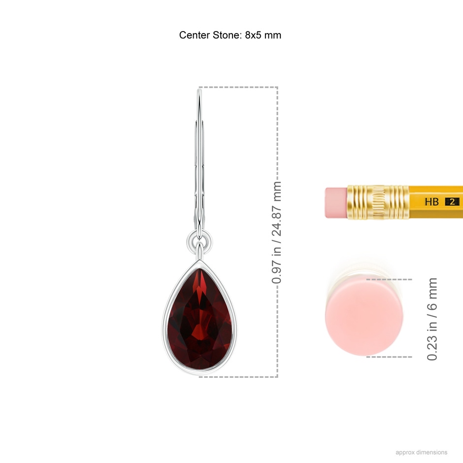 8x5mm AA Bezel-Set Pear Garnet Leverback Drop Earrings in 18K White Gold ruler