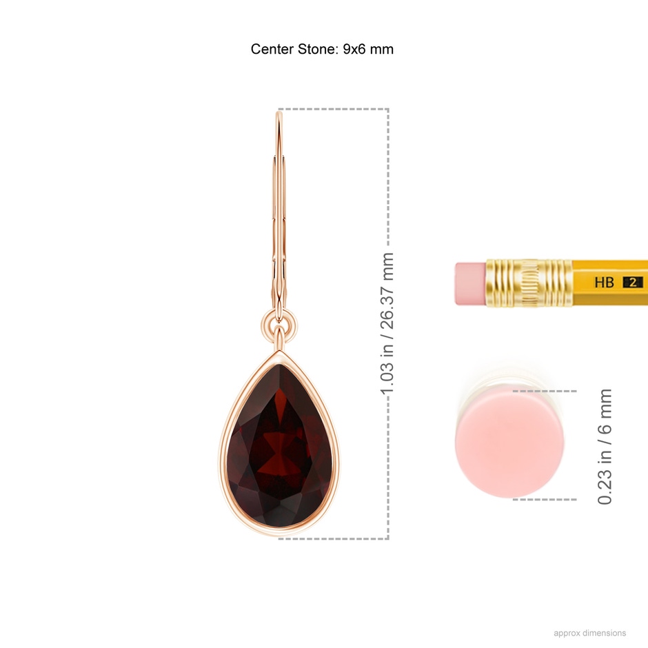 9x6mm A Bezel-Set Pear Garnet Leverback Drop Earrings in 18K Rose Gold ruler