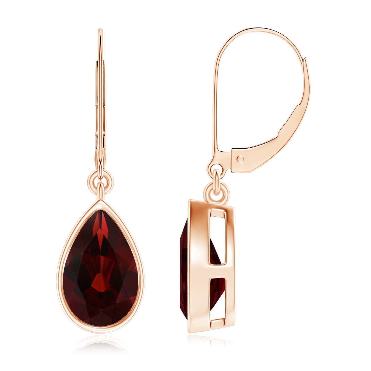 9x6mm AA Bezel-Set Pear Garnet Leverback Drop Earrings in 18CT Rose Gold