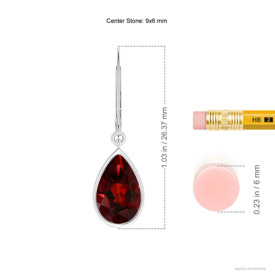 9x6mm AAA Bezel-Set Pear Garnet Leverback Drop Earrings in 18K White Gold ruler