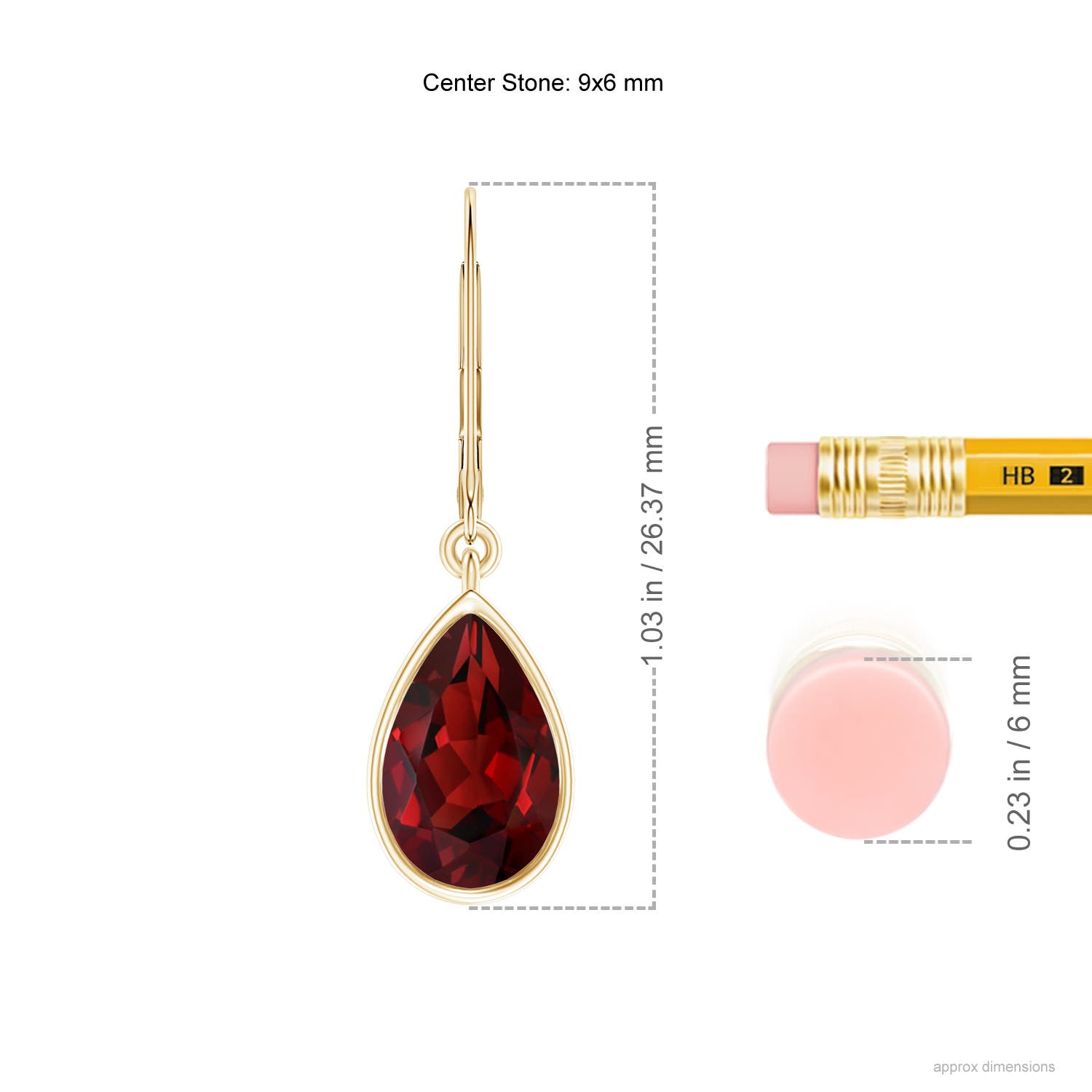 9x6mm AAAA Bezel-Set Pear Garnet Leverback Drop Earrings in Yellow Gold - ruler