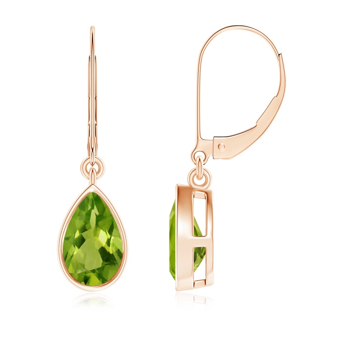 8x5mm AAAA Bezel-Set Pear Peridot Leverback Drop Earrings in Rose Gold