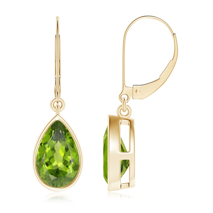 9x6mm AAA Bezel-Set Pear Peridot Leverback Drop Earrings in Yellow Gold