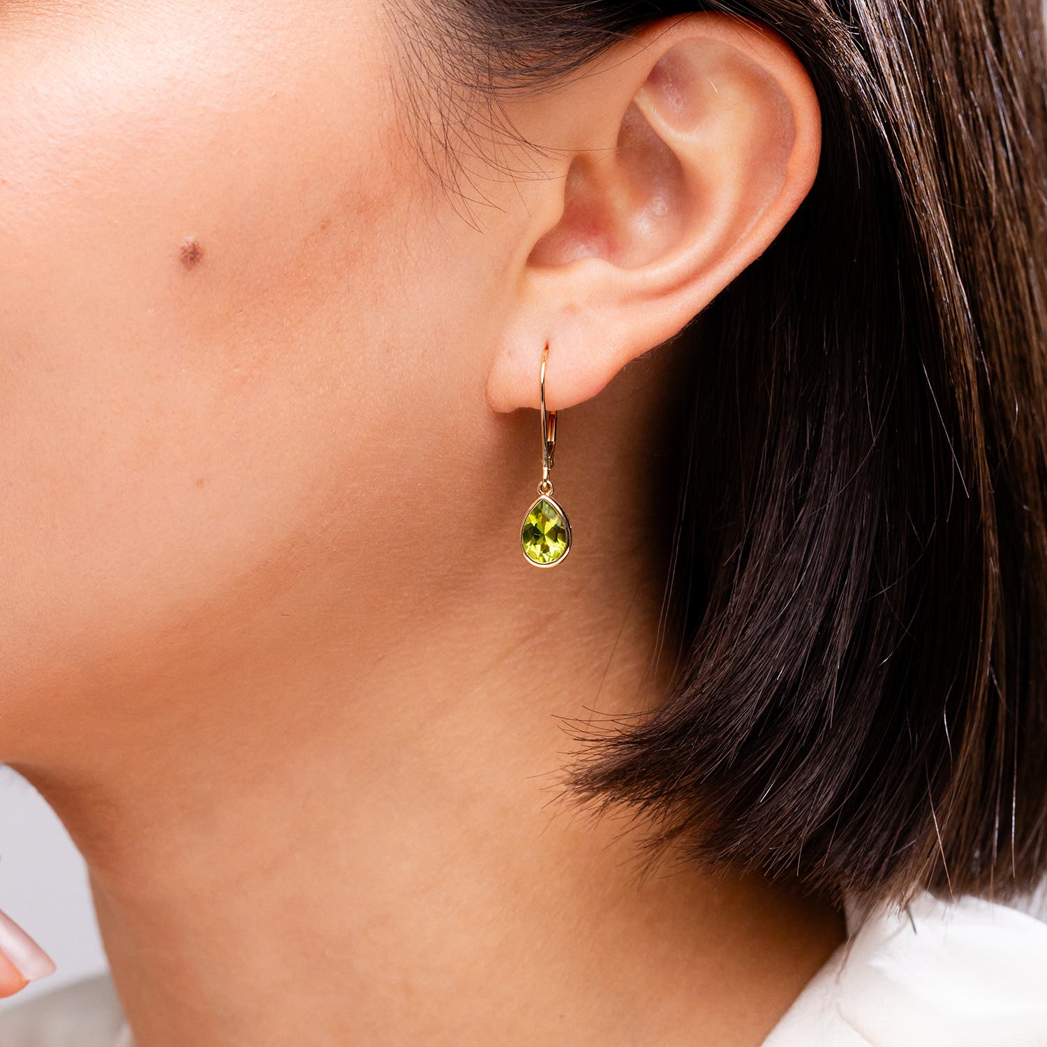 Bezel-Set Pear Peridot Leverback Drop Earrings