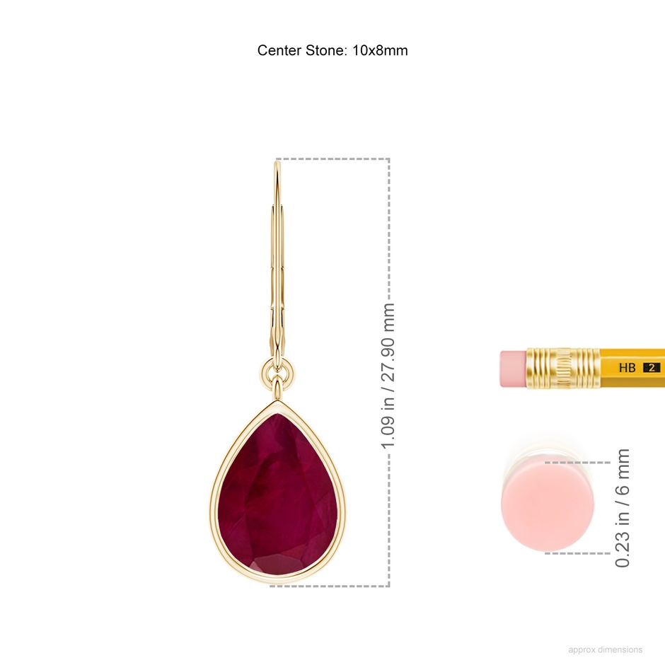 10x8mm A Pear-Shaped Ruby Leverback Drop Earrings in Yellow Gold ruler