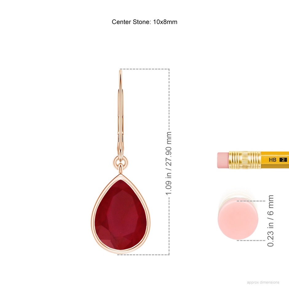 10x8mm AA Pear-Shaped Ruby Leverback Drop Earrings in 18K Rose Gold ruler