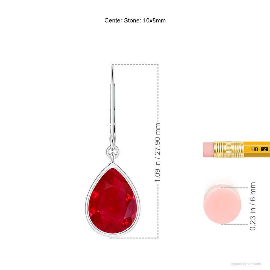10x8mm AAA Pear-Shaped Ruby Leverback Drop Earrings in S999 Silver ruler