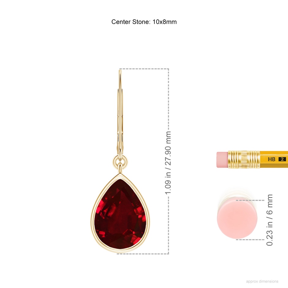10x8mm AAAA Pear-Shaped Ruby Leverback Drop Earrings in Yellow Gold ruler