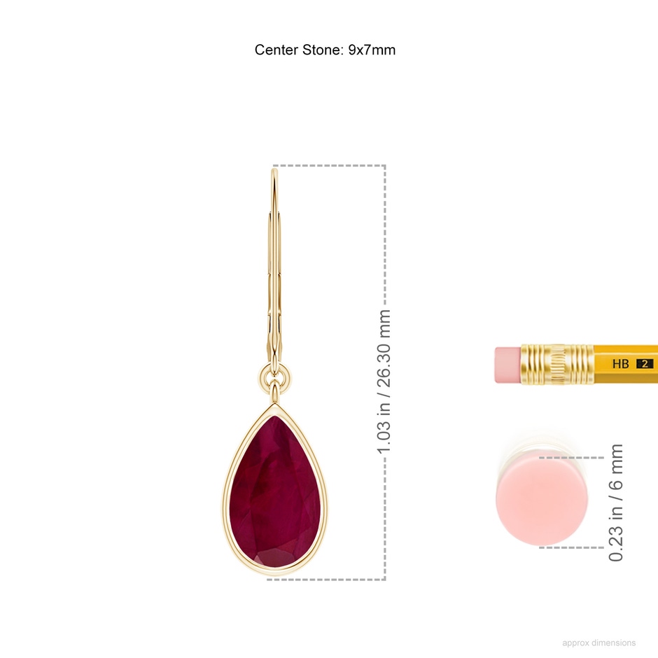 9x7mm A Pear-Shaped Ruby Leverback Drop Earrings in Yellow Gold ruler