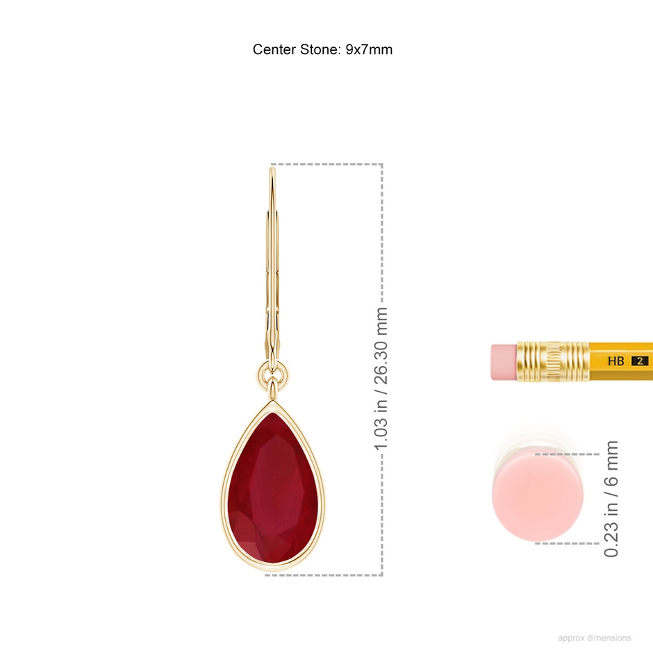 9x7mm AA Pear-Shaped Ruby Leverback Drop Earrings in Yellow Gold ruler