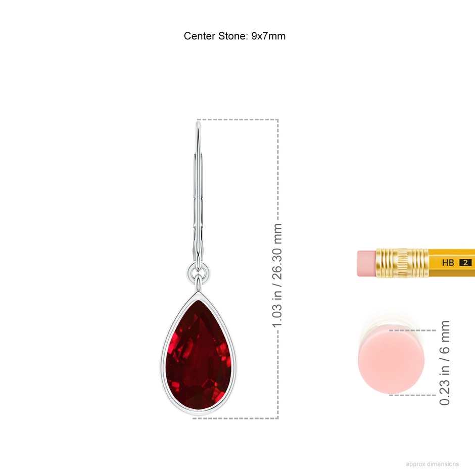 9x7mm AAAA Pear-Shaped Ruby Leverback Drop Earrings in P950 Platinum ruler