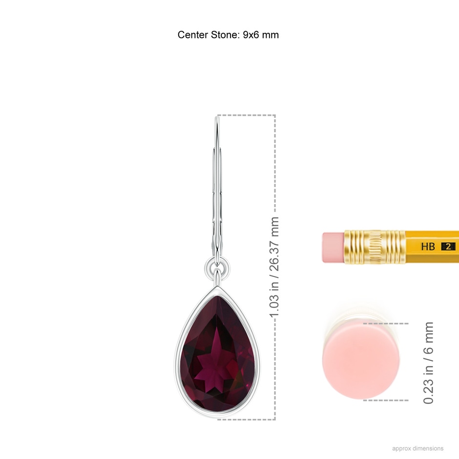 9x6mm A Bezel-Set Pear Rhodolite Leverback Drop Earrings in 18K White Gold ruler