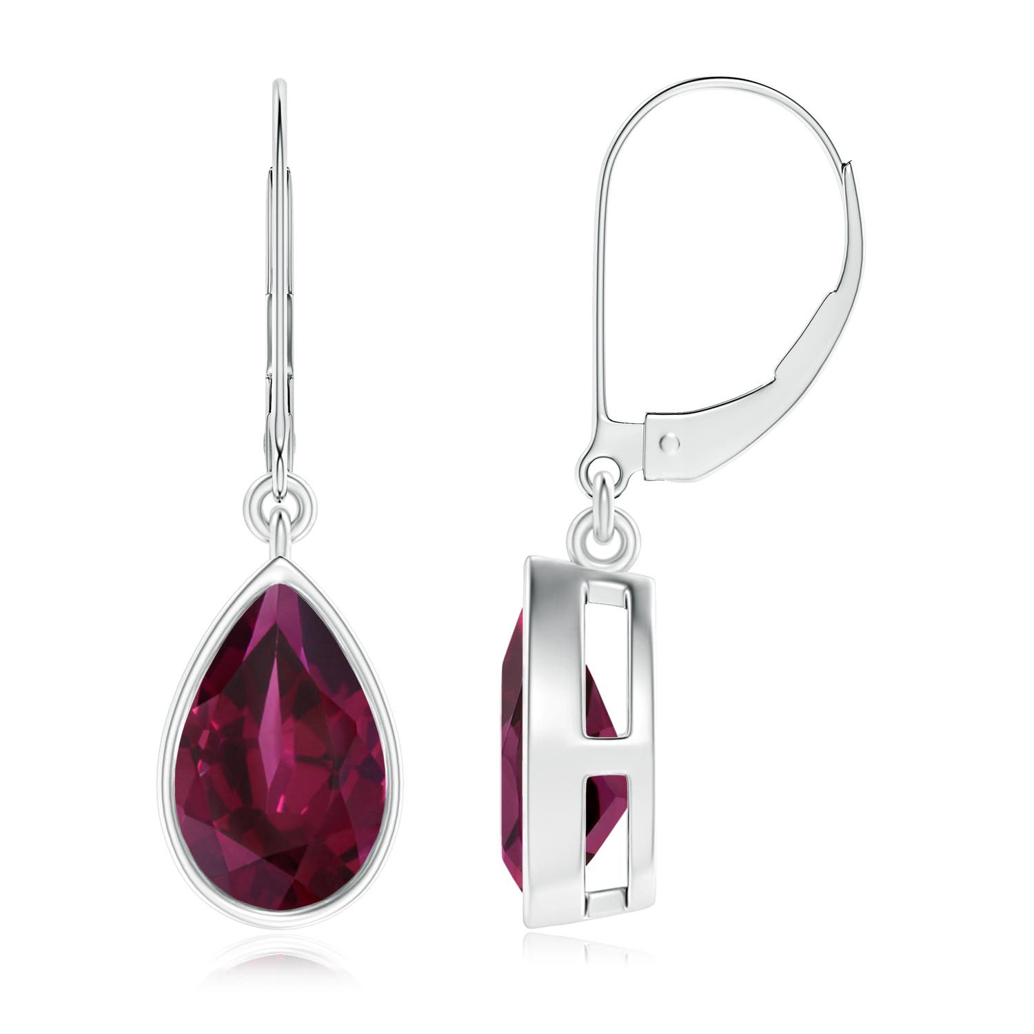 9x6mm AAA Bezel-Set Pear Rhodolite Leverback Drop Earrings in 18K White Gold