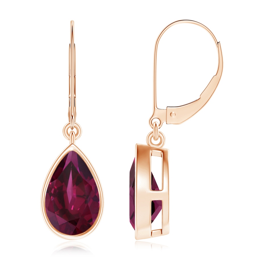 9x6mm AAA Bezel-Set Pear Rhodolite Leverback Drop Earrings in Rose Gold 