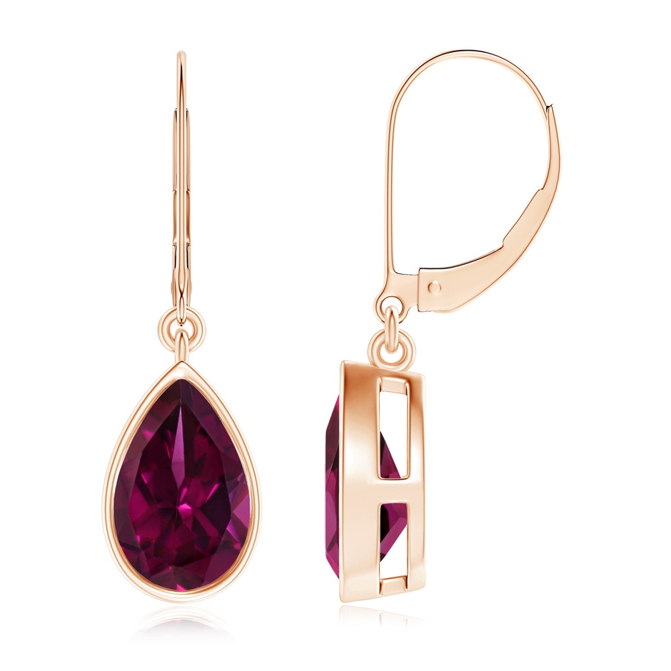 9x6mm AAAA Bezel-Set Pear Rhodolite Leverback Drop Earrings in 18K Rose Gold 