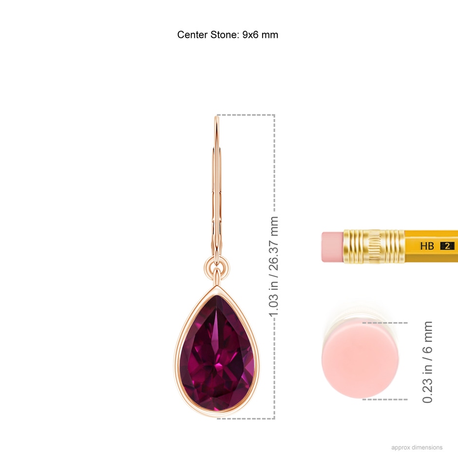 9x6mm AAAA Bezel-Set Pear Rhodolite Leverback Drop Earrings in Rose Gold ruler