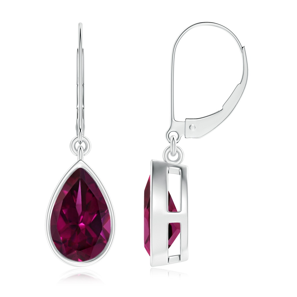 9x6mm AAAA Bezel-Set Pear Rhodolite Leverback Drop Earrings in White Gold