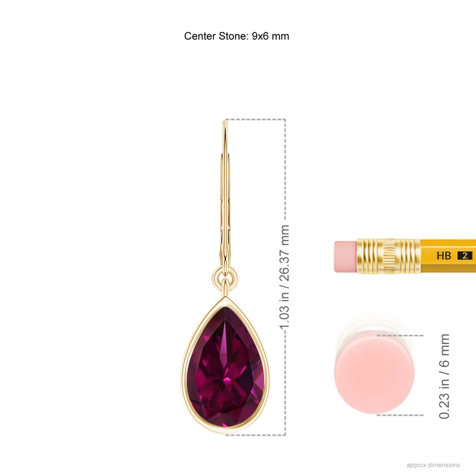 9x6mm AAAA Bezel-Set Pear Rhodolite Leverback Drop Earrings in Yellow Gold ruler