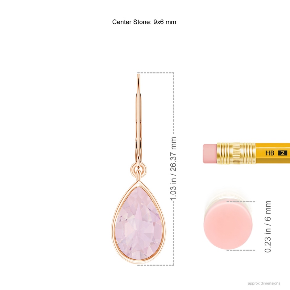 9x6mm AA Bezel-Set Pear Rose Quartz Leverback Drop Earrings in Rose Gold ruler