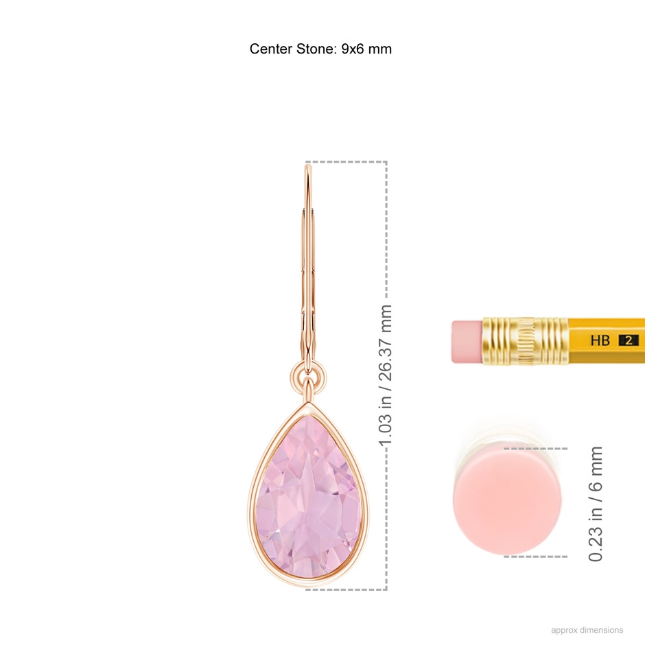 9x6mm AAAA Bezel-Set Pear Rose Quartz Leverback Drop Earrings in Rose Gold ruler