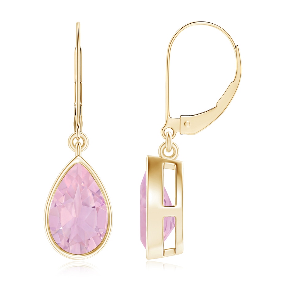9x6mm AAAA Bezel-Set Pear Rose Quartz Leverback Drop Earrings in Yellow Gold 