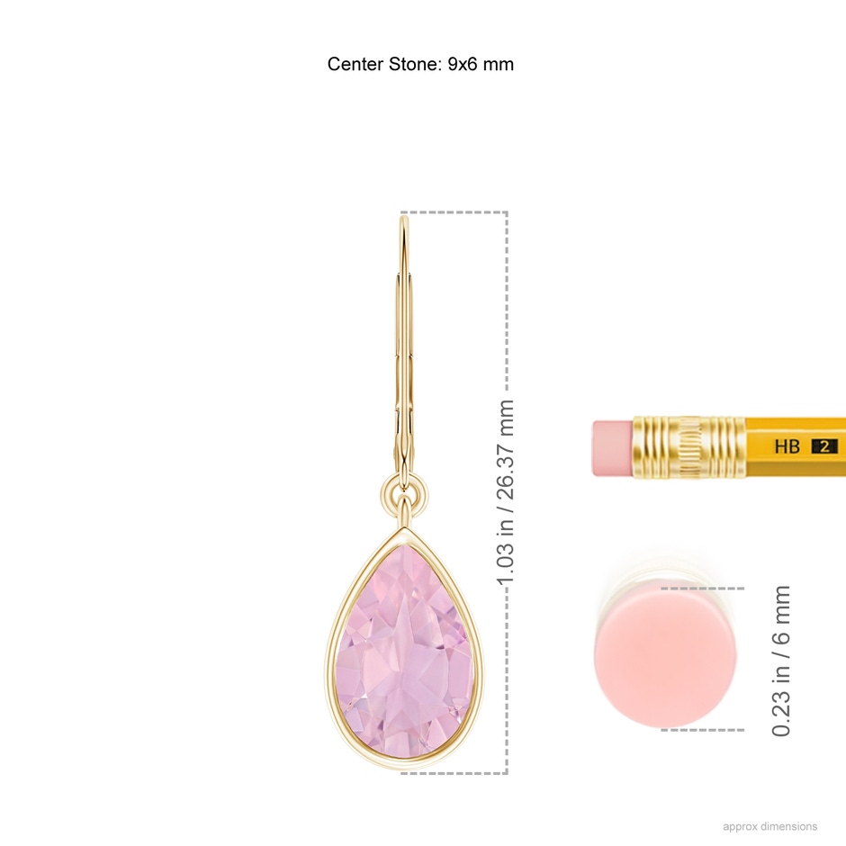 9x6mm AAAA Bezel-Set Pear Rose Quartz Leverback Drop Earrings in Yellow Gold ruler