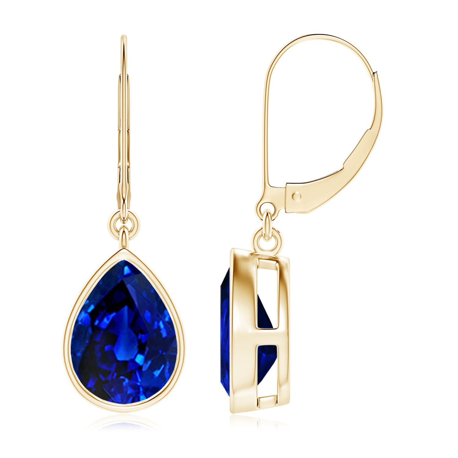 10x8mm AAAA Pear-Shaped Blue Sapphire Leverback Drop Earrings in 18K Yellow Gold