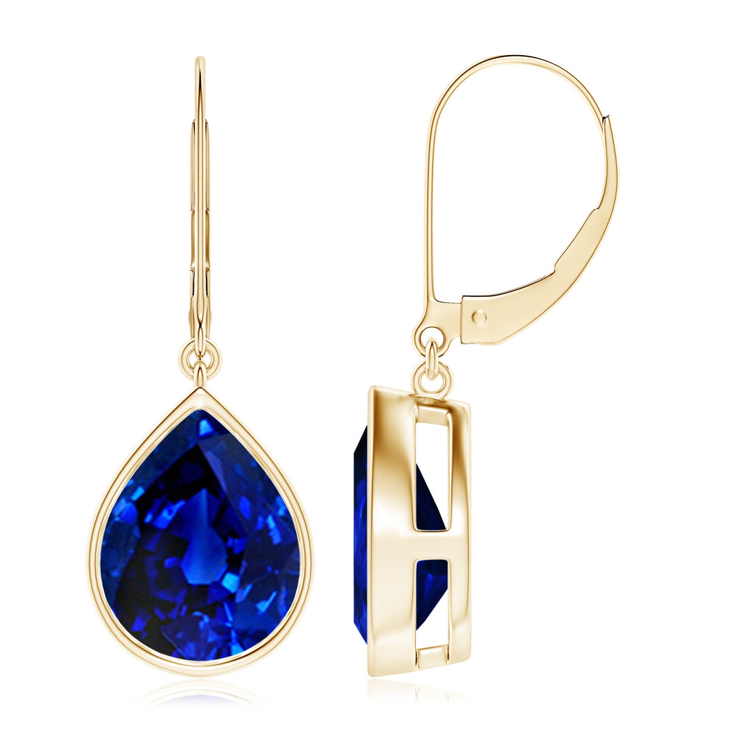 12x10mm AAAA Pear-Shaped Blue Sapphire Leverback Drop Earrings in 18K Yellow Gold