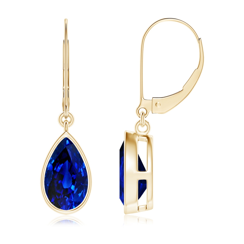 9x7mm Lab-Grown Pear-Shaped Blue Sapphire Leverback Drop Earrings in Yellow Gold 