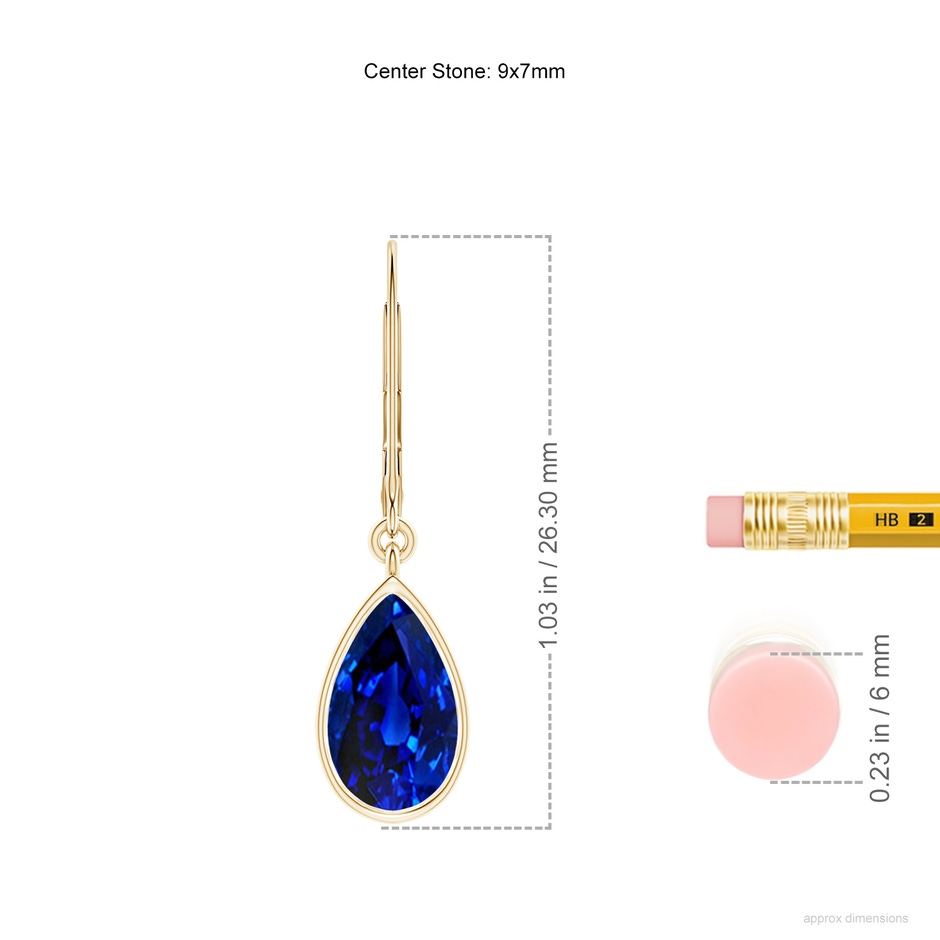 9x7mm Lab-Grown Pear-Shaped Blue Sapphire Leverback Drop Earrings in Yellow Gold ruler