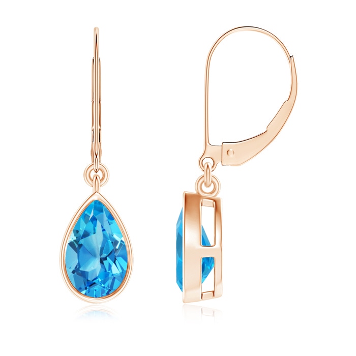 8x5mm AAAA Bezel-Set Pear Swiss Blue Topaz Leverback Drop Earrings in Rose Gold