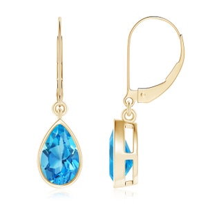 8x5mm AAAA Bezel-Set Pear Swiss Blue Topaz Leverback Drop Earrings in Yellow Gold