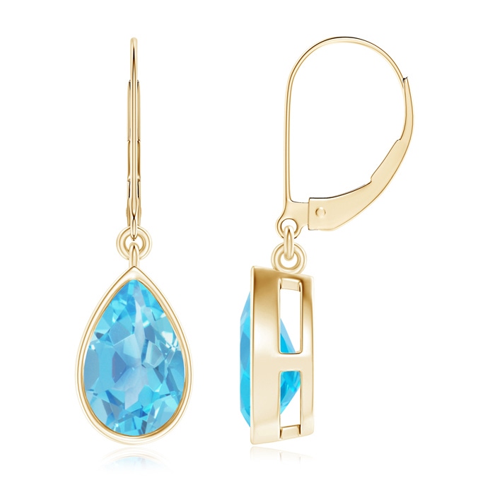 9x6mm AA Bezel-Set Pear Swiss Blue Topaz Leverback Drop Earrings in Yellow Gold 