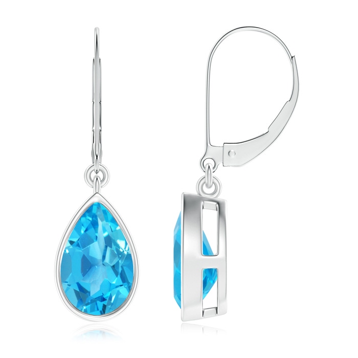 9x6mm AAA Bezel-Set Pear Swiss Blue Topaz Leverback Drop Earrings in White Gold 
