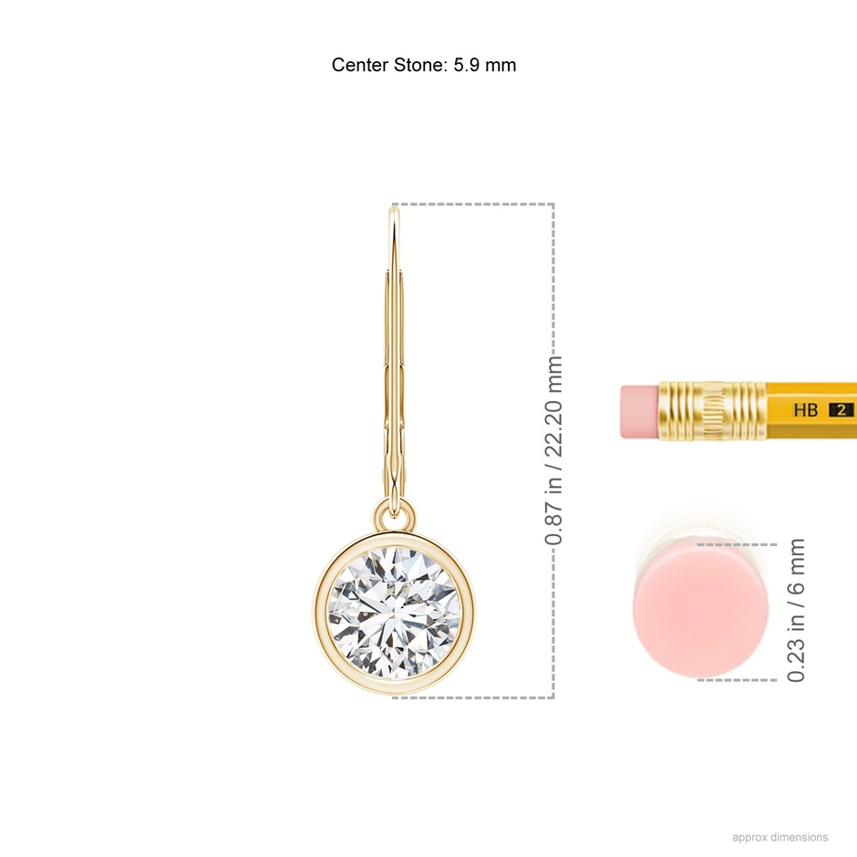 5.9mm HSI2 Bezel-Set Round Diamond Leverback Drop Earrings in Yellow Gold ruler
