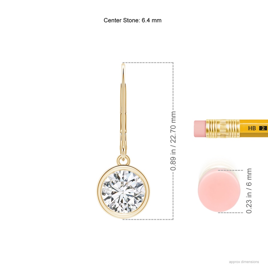 6.4mm HSI2 Bezel-Set Round Diamond Leverback Drop Earrings in Yellow Gold ruler