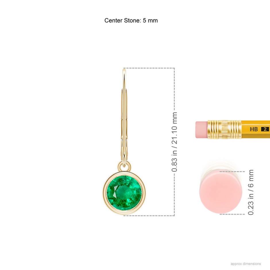 5mm AAA Bezel-Set Round Emerald Leverback Drop Earrings in Yellow Gold ruler