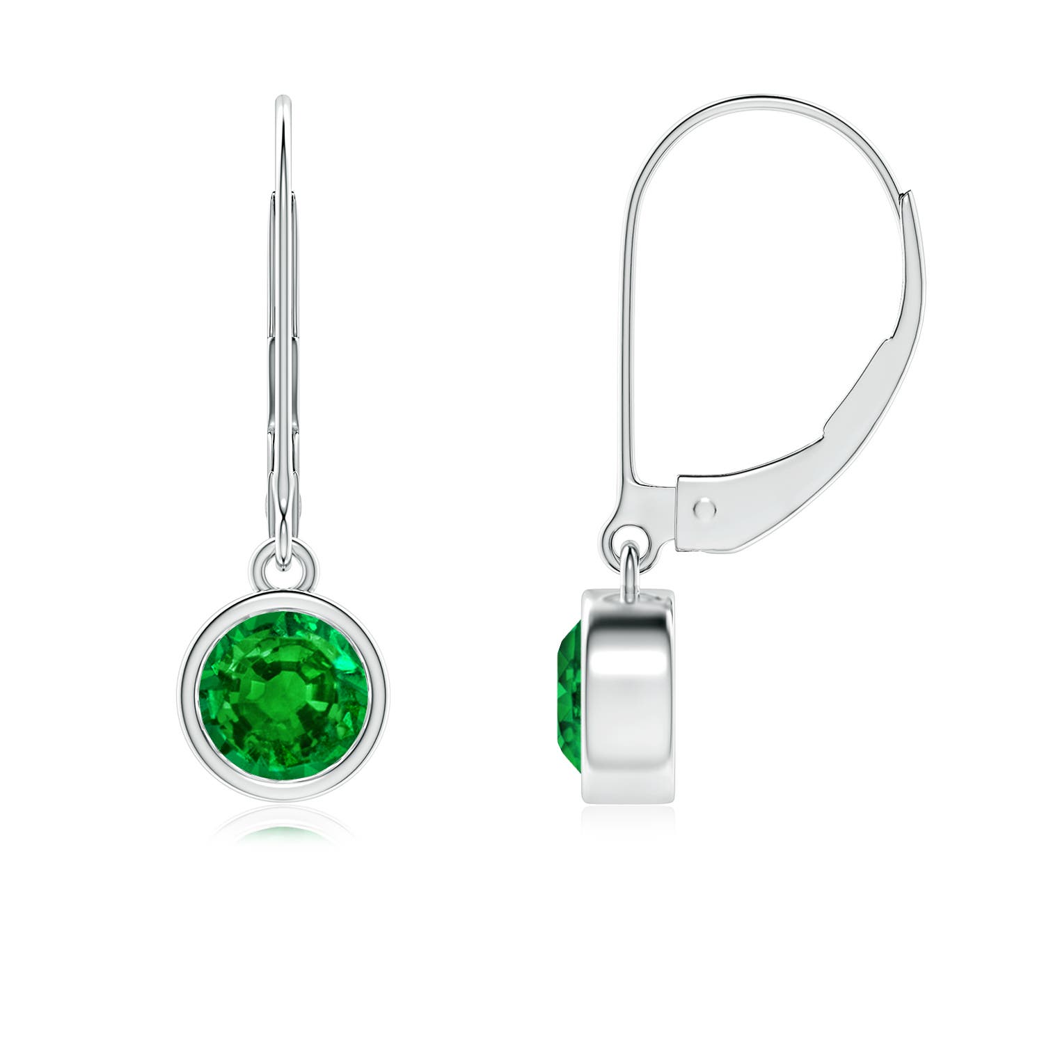 Bezel-Set Round Emerald Leverback Drop Earrings | Angara