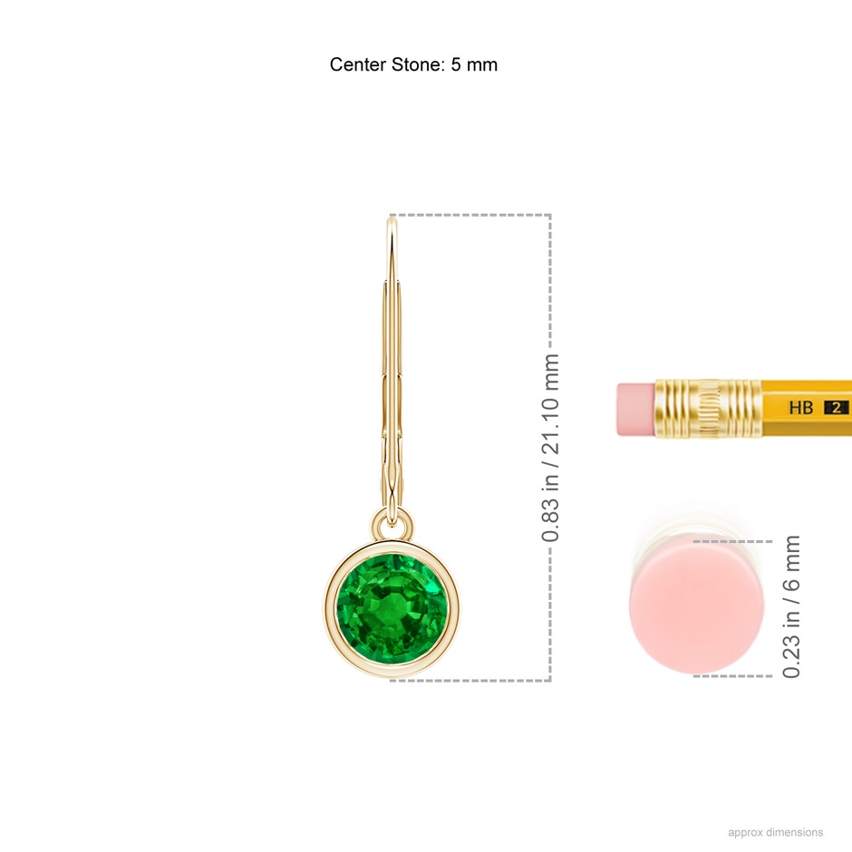 5mm AAAA Bezel-Set Round Emerald Leverback Drop Earrings in Yellow Gold ruler