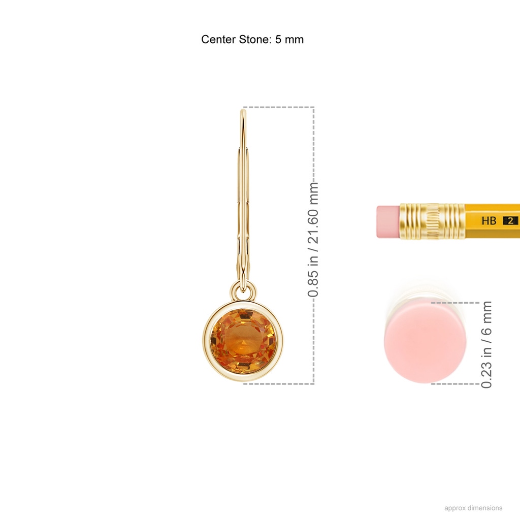 5mm AAA Bezel-Set Round Orange Sapphire Leverback Drop Earrings in Yellow Gold Ruler
