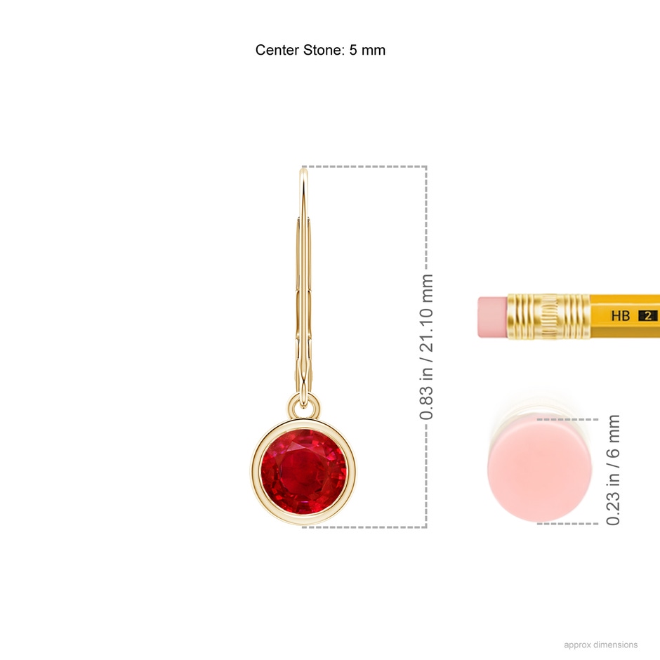 5mm AAA Bezel-Set Round Ruby Leverback Drop Earrings in Yellow Gold ruler