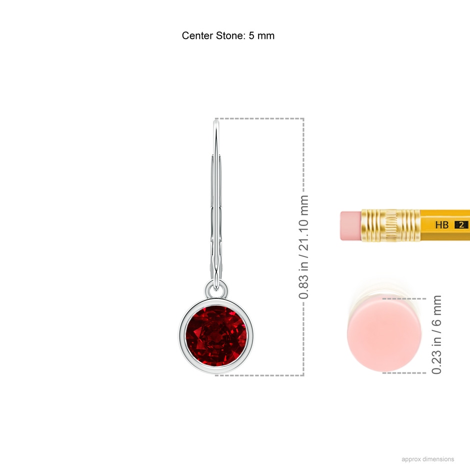5mm AAAA Bezel-Set Round Ruby Leverback Drop Earrings in P950 Platinum ruler