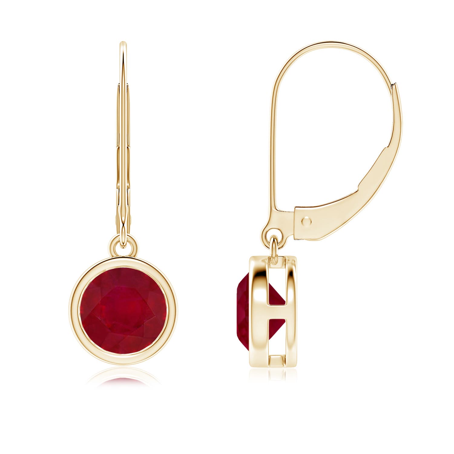 6mm AA Bezel-Set Round Ruby Leverback Drop Earrings in Yellow Gold